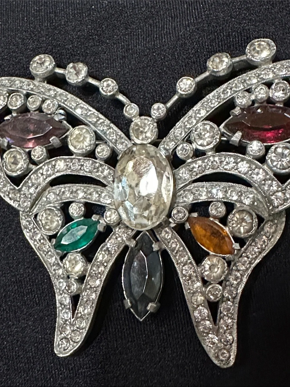 Pot Metal Butterfly Large Brooch w/Multicolor Prong set & Bezel set Rhinestones